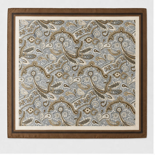 HS Zijde Look Sjaal 70x70 - Taupe Paisley Bruine Rand
