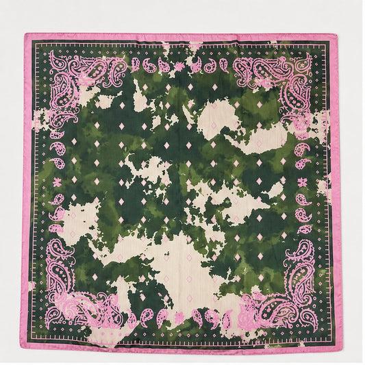 HS Zijde Look Sjaal 70x70 - Legergroen Paisley Roze Rand