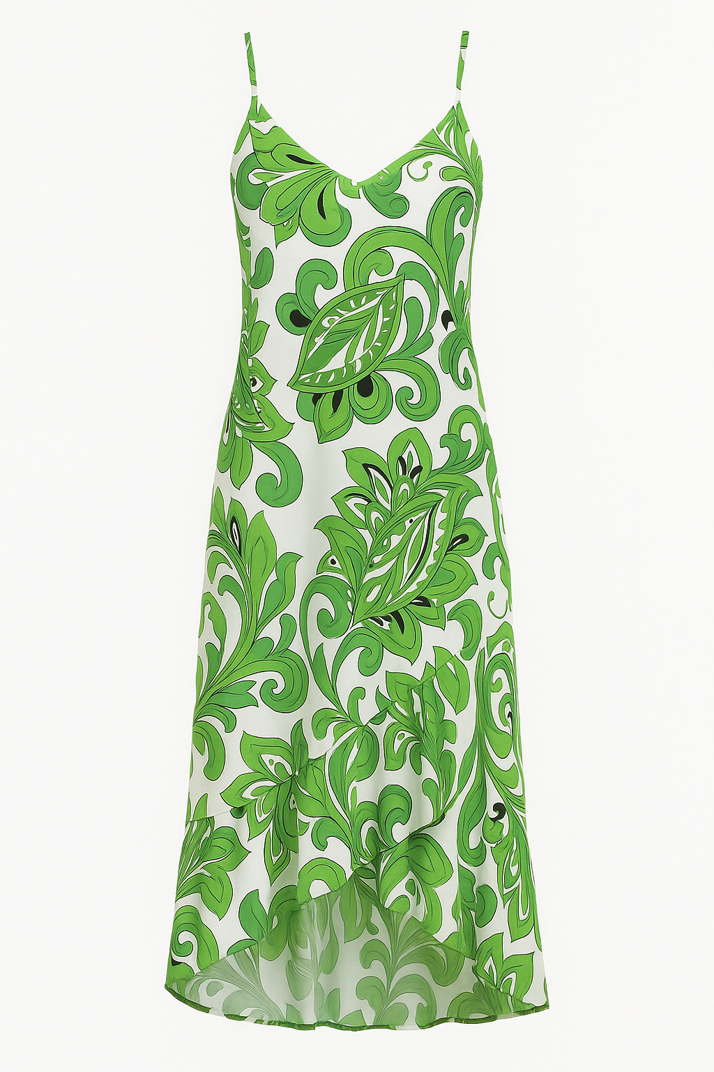 Angelle Milan Maxi Zomerjurk – Groen Abstract Bladmotief – Travelstof – Spaghettibandjes – V-Ruffle Zoom – Maten S t/m XXL - Mapsy B.V