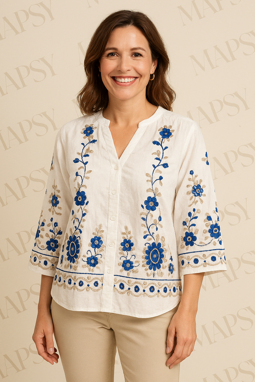 Suzzy & Milly Bloemenblouse – Wit Linnen Look Blousje met Blauwe Borduursels (S/M/L) - Mapsy B.V