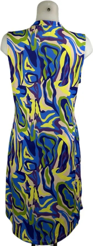 Angelle Milan – travelstof jurk– Mouwloze Geel/Blauwe Jurk – Ademend – Kreukherstellend – Duurzame jurk - In 5 maten - Mapsy B.V