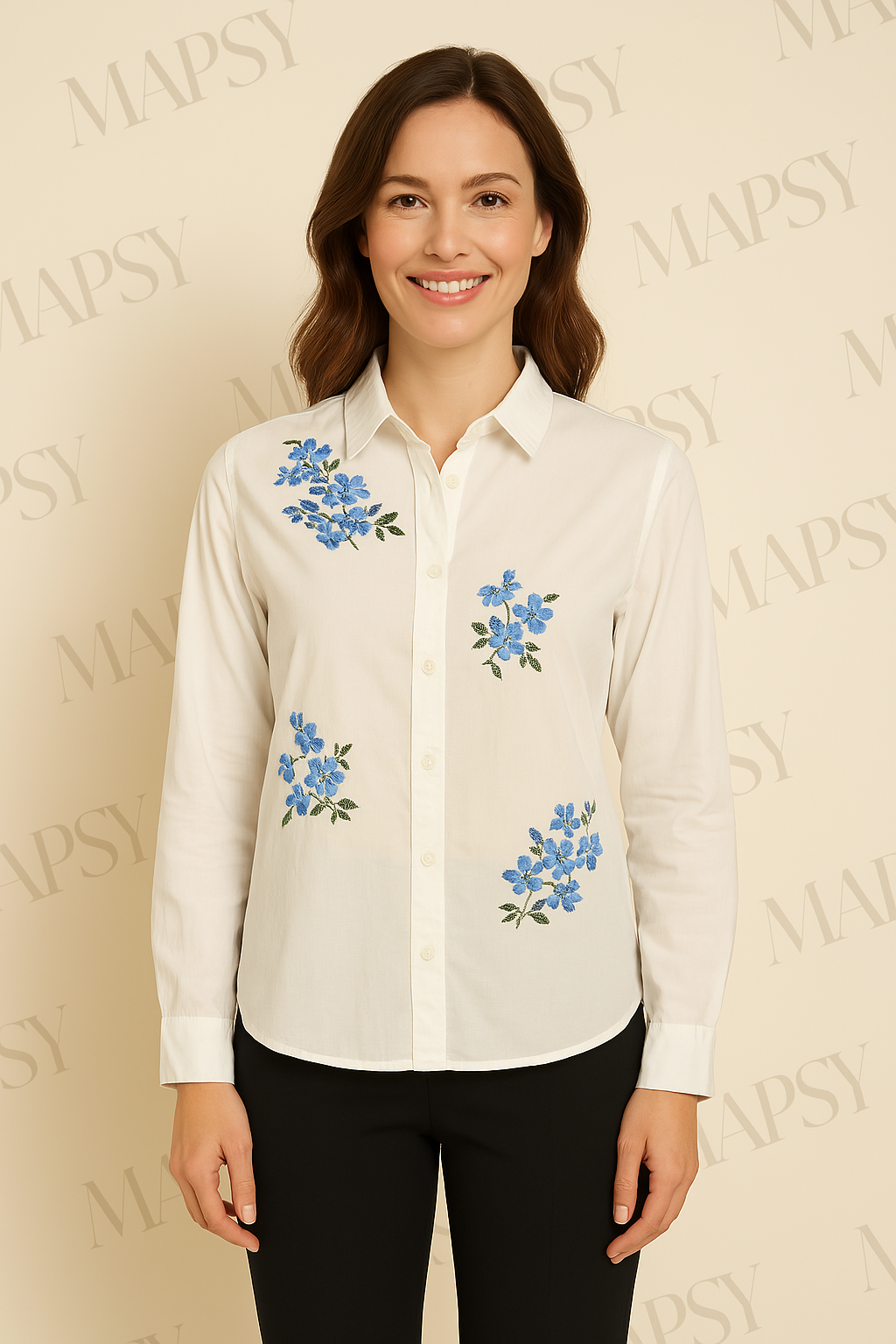Suzzy & Milly Witte Blouse – Klassieke Blouse met Blauwe Bloemenborduursels (S/M/L) - Mapsy B.V