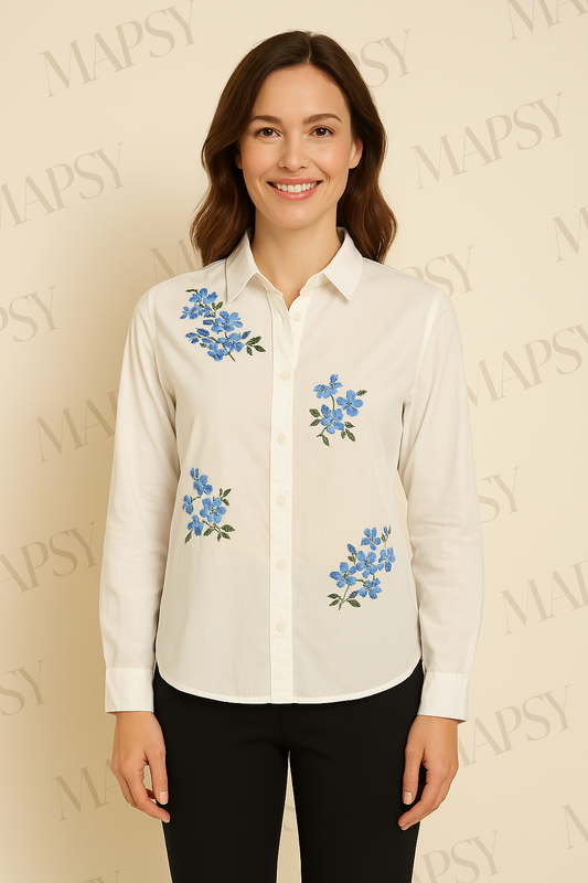 Suzzy & Milly Witte Blouse – Klassieke Blouse met Blauwe Bloemenborduursels (S/M/L) - Mapsy B.V
