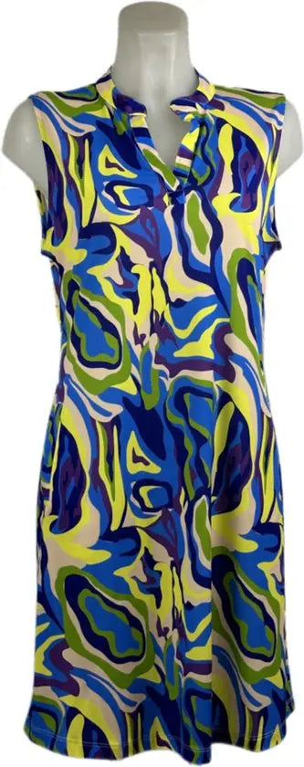 Angelle Milan – travelstof jurk– Mouwloze Geel/Blauwe Jurk – Ademend – Kreukherstellend – Duurzame jurk - In 5 maten - Mapsy B.V