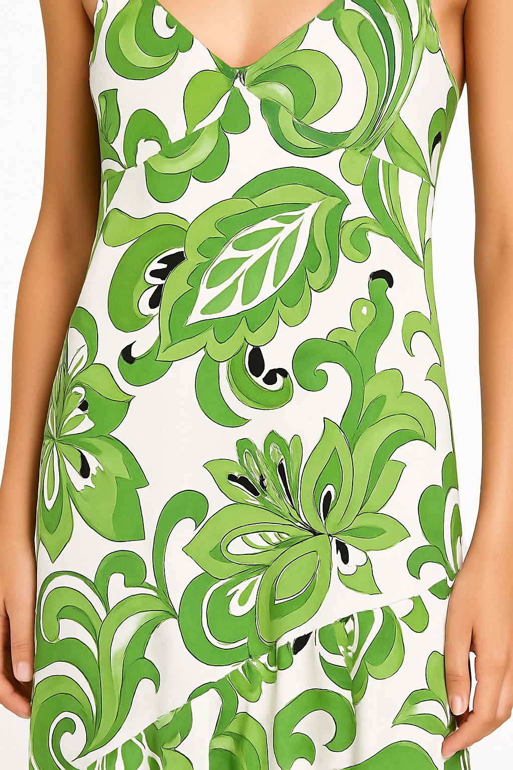 Angelle Milan Maxi Zomerjurk – Groen Abstract Bladmotief – Travelstof – Spaghettibandjes – V-Ruffle Zoom – Maten S t/m XXL - Mapsy B.V
