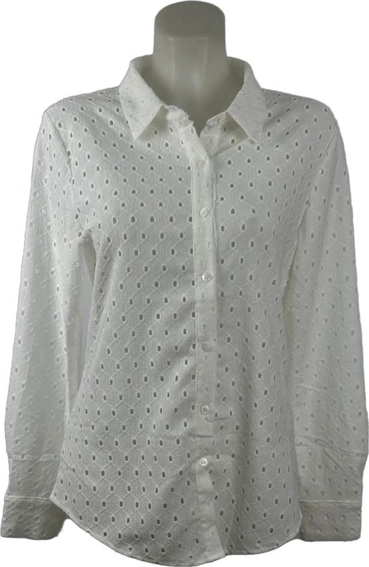 Vegas Blouse – Witte Damesblouse met Elegant Geborduurd Oogjespatroon, Comfortabele Stretch - In 5 maten - Mapsy B.V