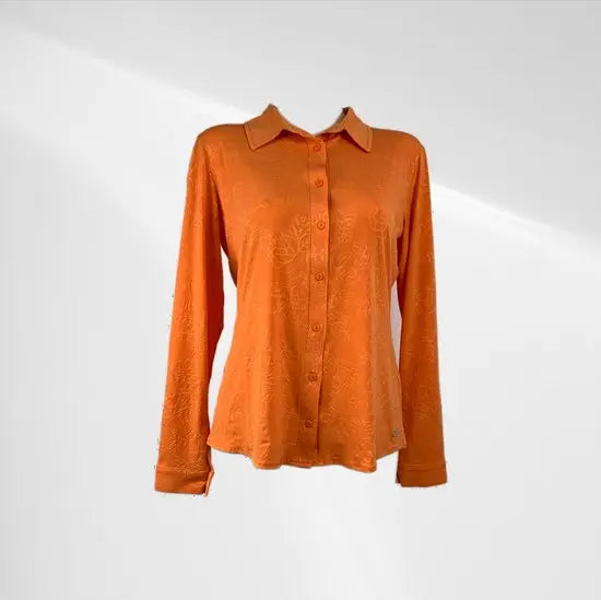Angelle Milan - Oranje travelstof blouse met bladeren - Travelstof - In 5 maten - Mapsy B.V