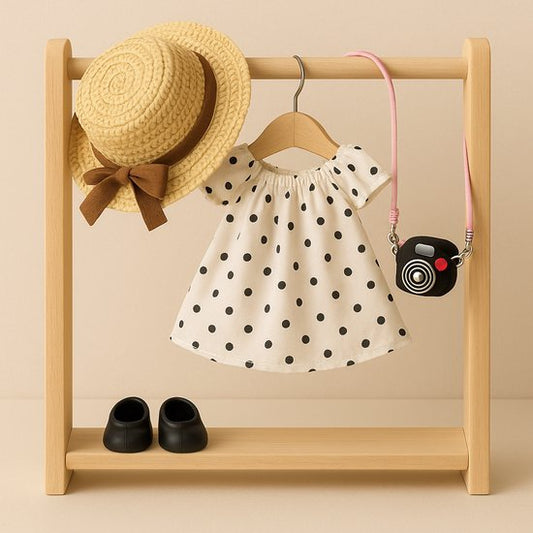 Labubu Outfit -  Complete outfit: strohoed met panterdetail, polkadot jurkje, camera tas en zwarte schoentjes