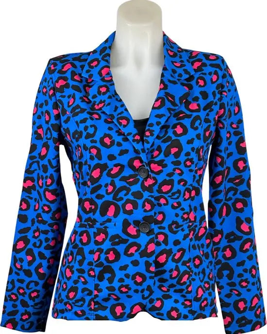 Angelle Milan - Blauw-fuchsia print travelstof blazer voor Dames - Travelstof - Comfort - Strijkvrij - Duurzaam - In 5 maten! - Mapsy B.V