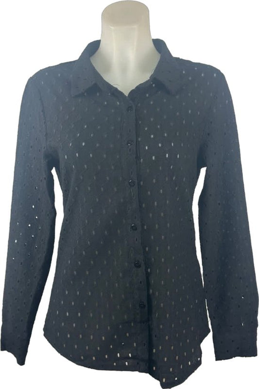 Zwarte Vegas Blouse met Delicate Oogjespatroon, Polyester met Spandex voor Comfort – Verkrijgbaar in 5 Maten - Mapsy B.V