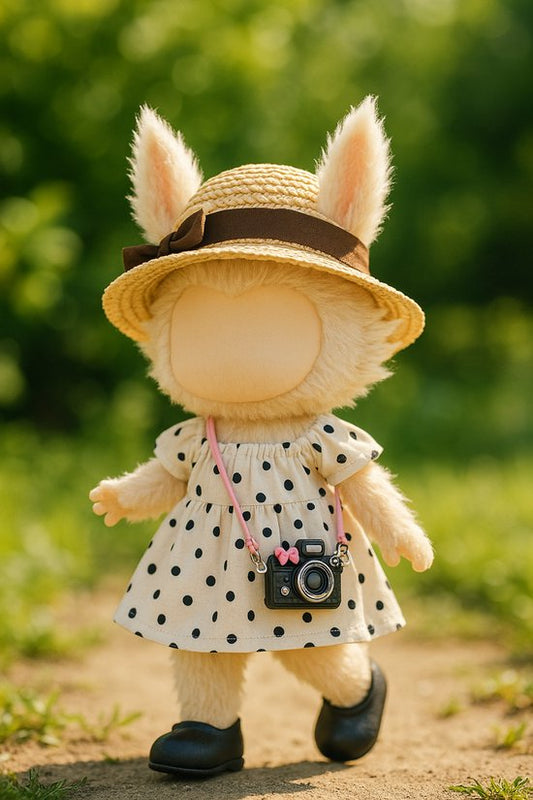 Labubu Outfit -  Complete outfit: strohoed met panterdetail, polkadot jurkje, camera tas en zwarte schoentjes