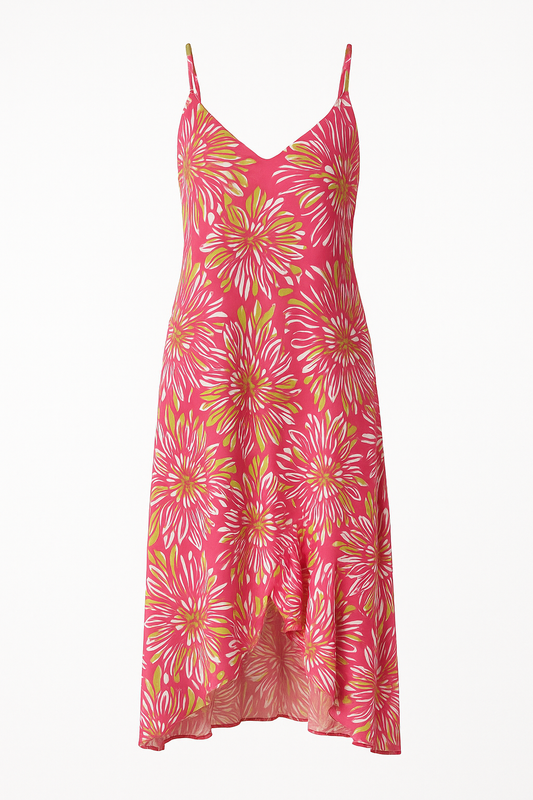 Angelle Milan Maxi Jurk – Koraalroze Tropenprint – Spaghettibandjes – Travelstof – V-ruffle Zoom – Maten S t/m XXL - Mapsy B.V