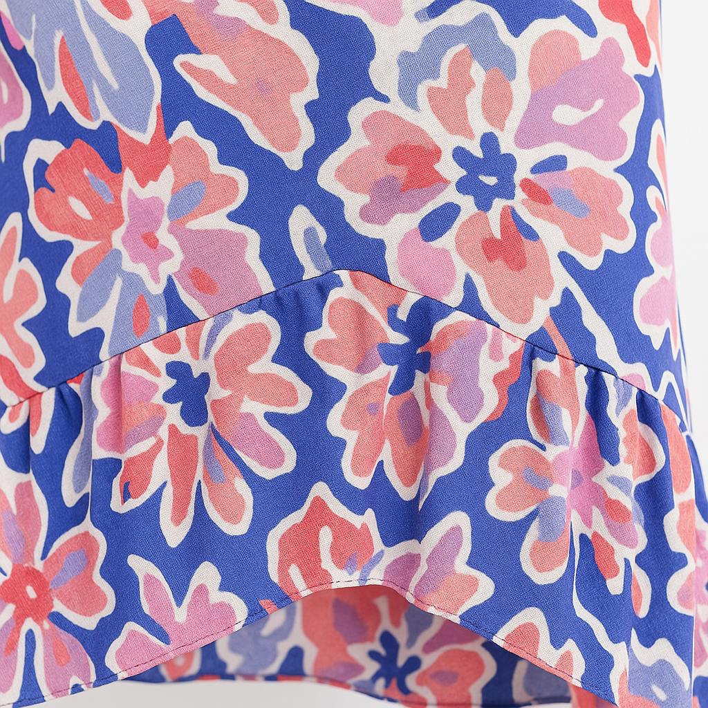 Angelle Milan Maxi Zomerjurk – Abstracte Blauw/Roze Print – Travelstof – Spaghettibandjes – V-Ruffle Zoom – Maten S t/m XXL - Mapsy B.V