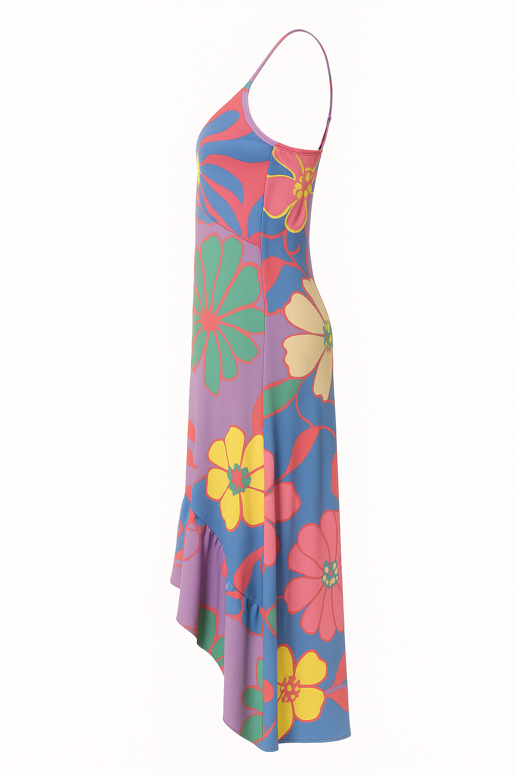 Angelle Milan Maxi Zomerjurk β Paarse Bloemenprint β Travelstof β Spaghettibandjes β V-Ruffle Zoom β Maten S t/m XXL - Mapsy B.V