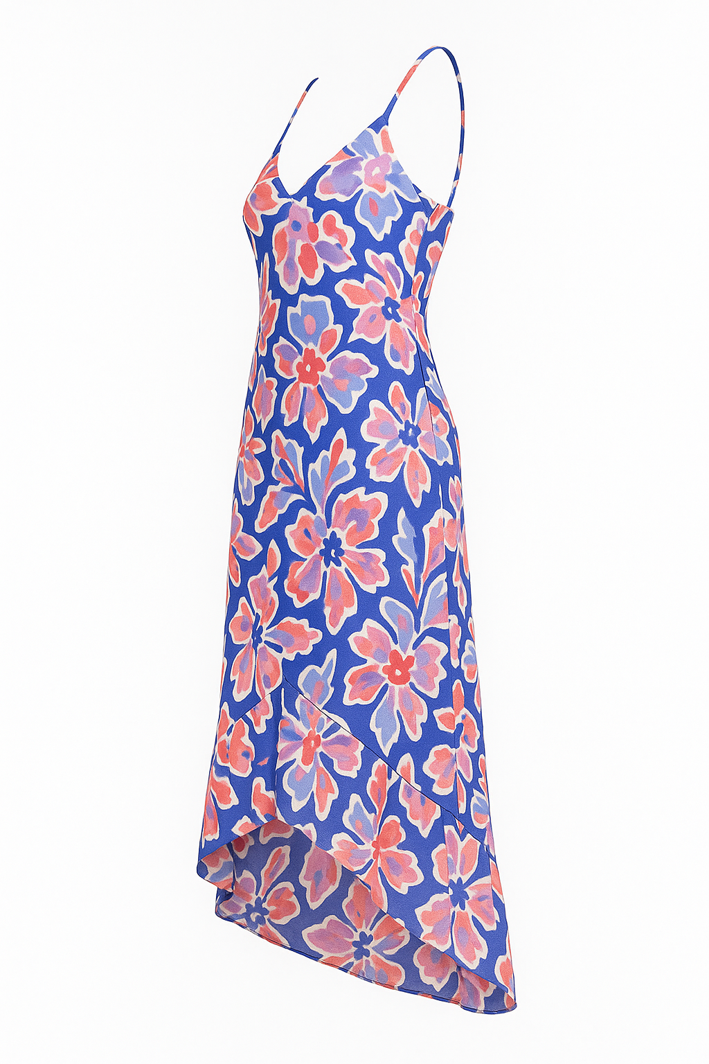 Angelle Milan Maxi Zomerjurk – Abstracte Blauw/Roze Print – Travelstof – Spaghettibandjes – V-Ruffle Zoom – Maten S t/m XXL - Mapsy B.V