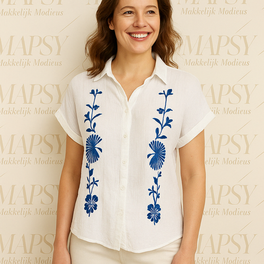 Suzzy & Milly Korte Mouwen Blouse – Witte Blouse met Blauwe Verticale Bloemenborduursels (S/M/L) - Mapsy B.V