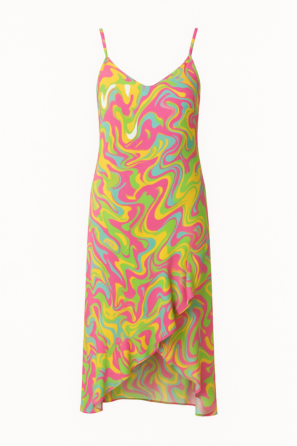 Angelle Milan Maxi Jurk – Psychedelic Swirl Print – Spaghettibandjes – V-ruffle Zoom – Travelstof – Maten S t/m XXL - Mapsy B.V