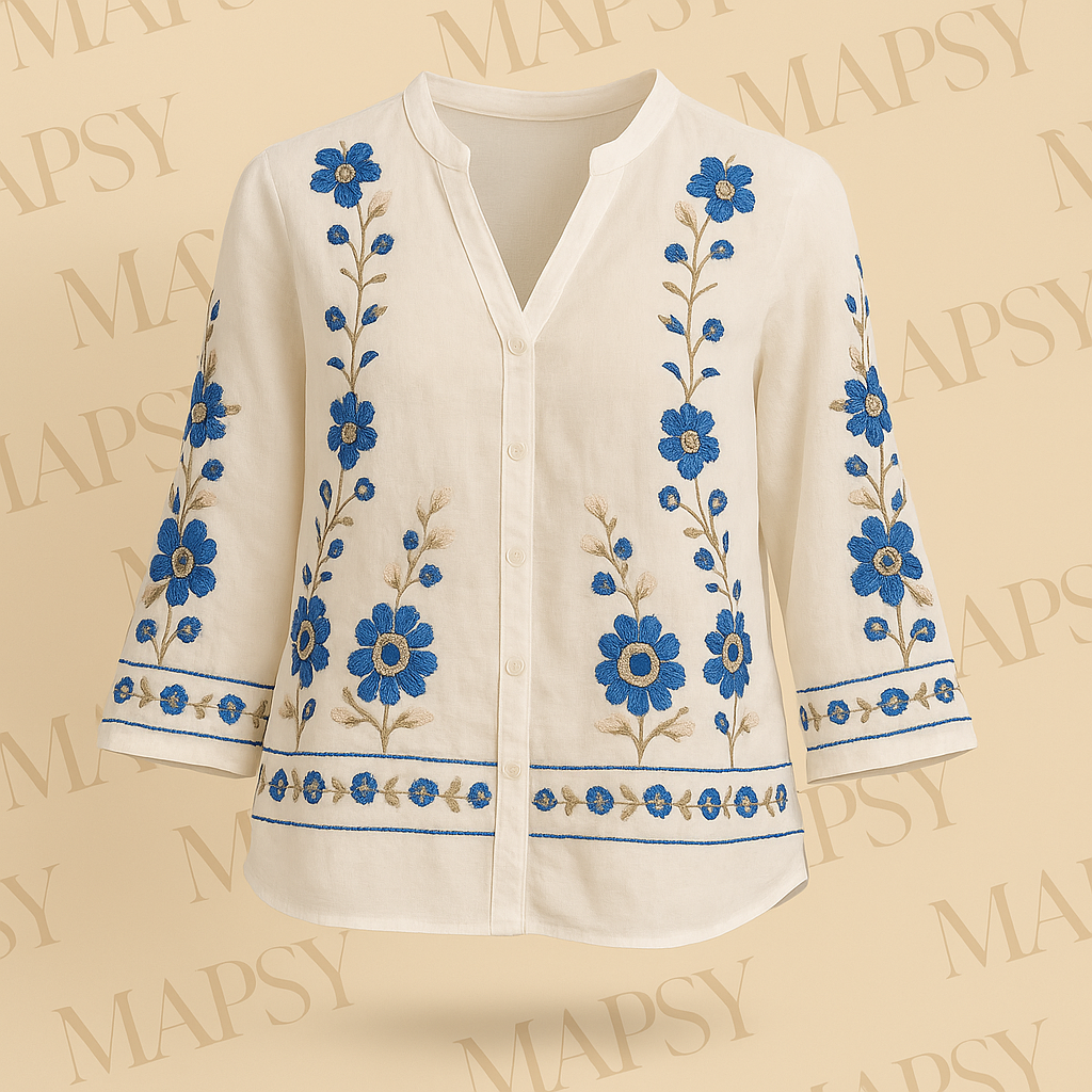 Suzzy & Milly Bloemenblouse – Wit Linnen Look Blousje met Blauwe Borduursels (S/M/L) - Mapsy B.V