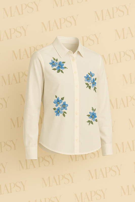 Suzzy & Milly Witte Blouse – Klassieke Blouse met Blauwe Bloemenborduursels (S/M/L) - Mapsy B.V