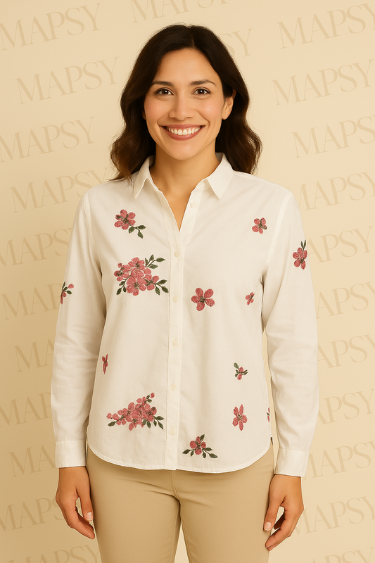 Suzzy & Milly Bloemenblouse – Witte Blouse met Roze Bloesemborduursels (S/M/L) - Mapsy B.V