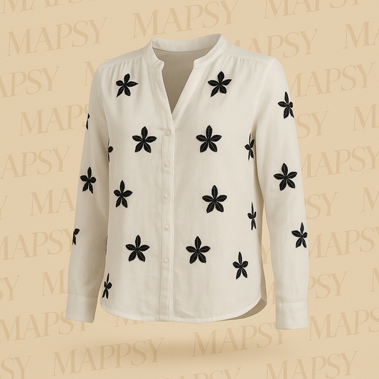 Suzzy & Milly Crèmekleurige Blouse – Blouse met Zwarte Geborduurde Bloemen (S/M/L) - Mapsy B.V