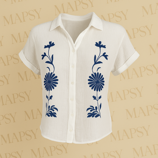Suzzy & Milly Korte Mouwen Blouse – Witte Blouse met Blauwe Verticale Bloemenborduursels (S/M/L) - Mapsy B.V