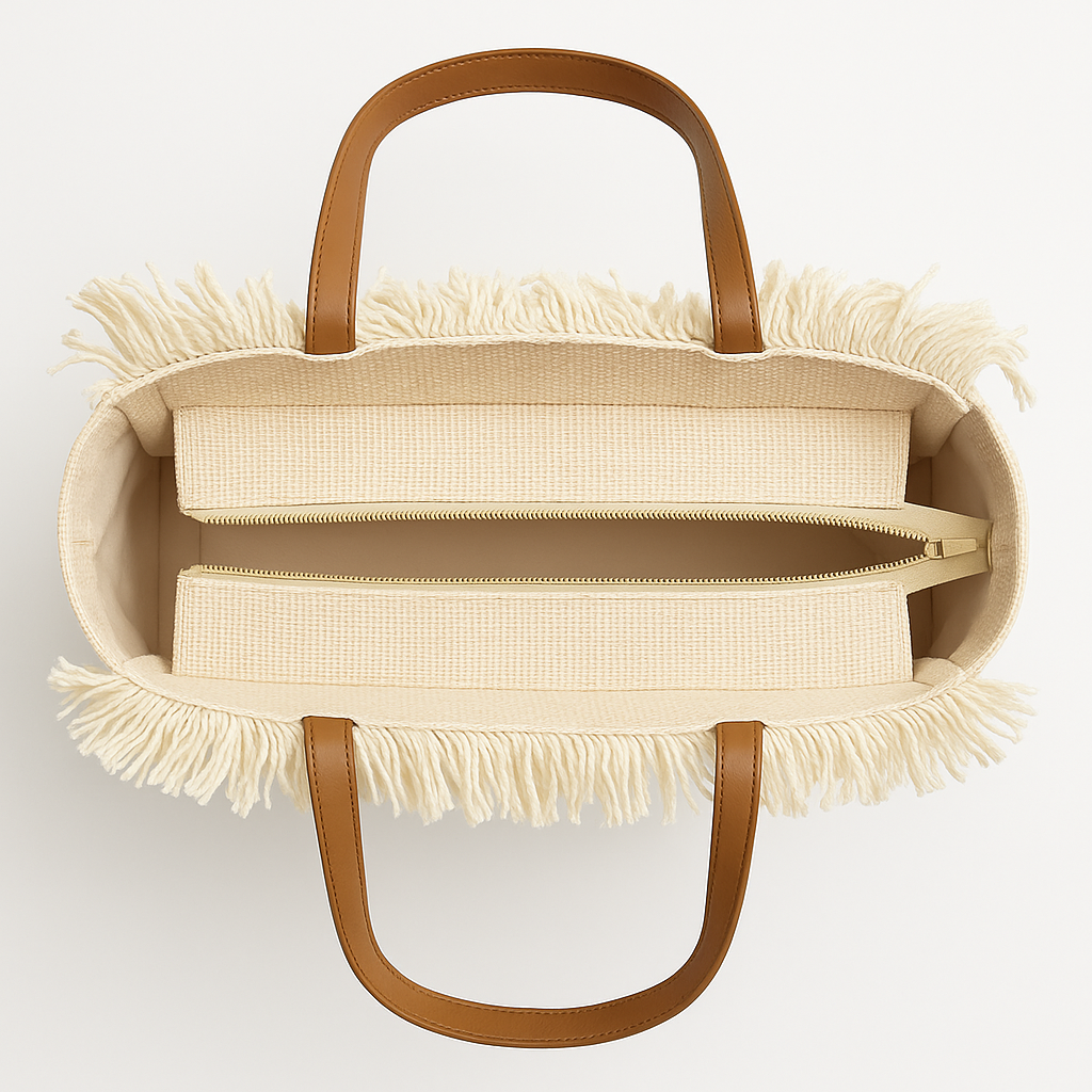 The Tote Bag – Roomwitte shopper met franjerand en camel hengsels - Mapsy B.V