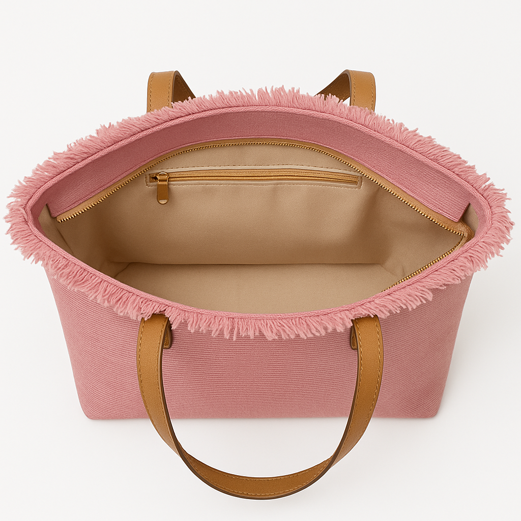 The Tote Bag – Roze canvas shopper met franjerand en camel hengsels - Mapsy B.V