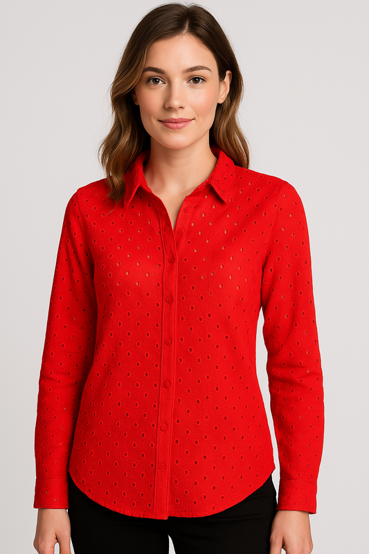 Rode Vegas Blouse met Delicate Oogjespatroon, Polyester met Spandex voor Comfort – Verkrijgbaar in 5 Maten - Mapsy B.V