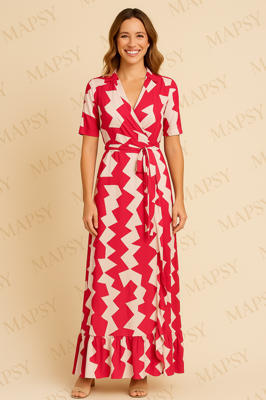 Angelle Milan - Lange travelstof jurk Roze met Witte Kartels - Travelstof - Rijk - Duurzaam In 5 maten - Mapsy B.V