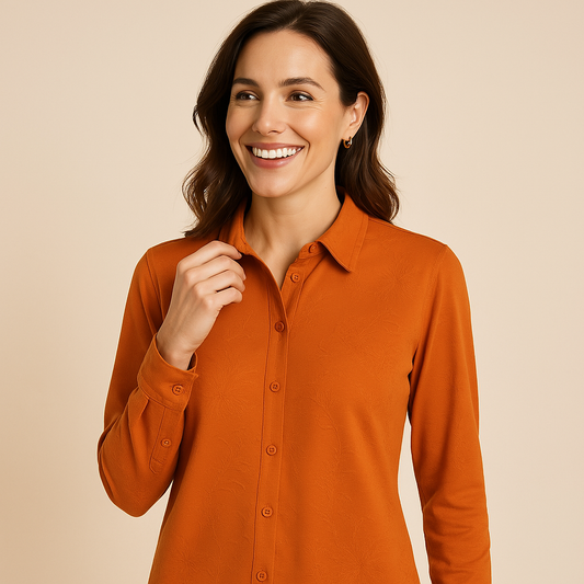 Angelle Milan - Oranje travelstof blouse met bladeren - Travelstof - In 5 maten - Mapsy B.V
