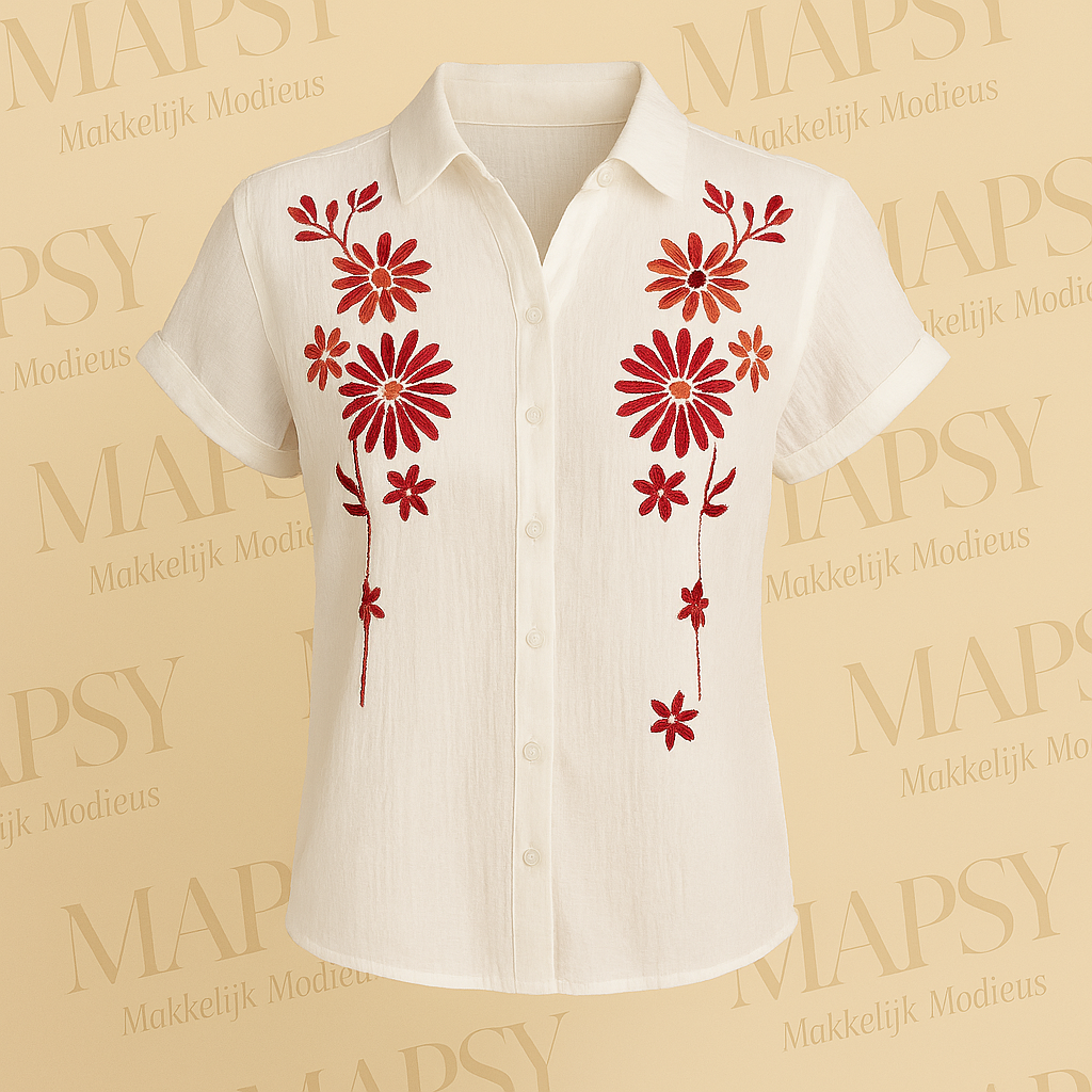 Suzzy & Milly Zomerblouse – Witte Blouse met Rood-Oranje Geborduurde Bloemen (S/M/L) - Mapsy B.V