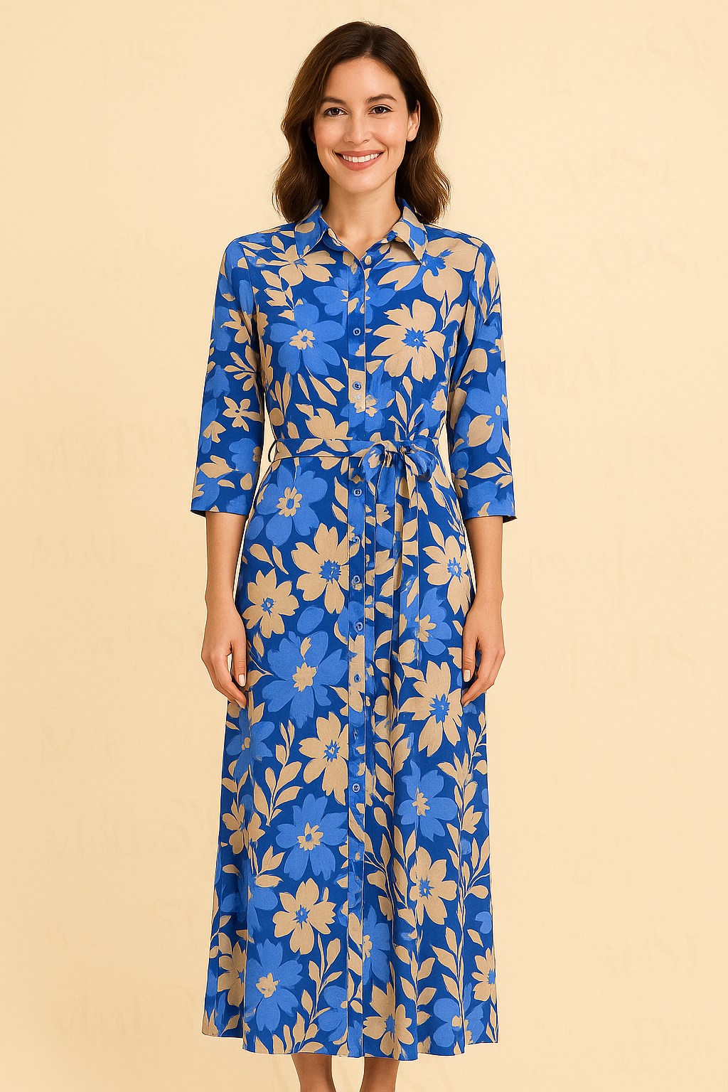 Angelle Milan Maxi Jurk – Blauwe Bloemenprint Zomerjurk met Ceintuur (S t/m XXL).