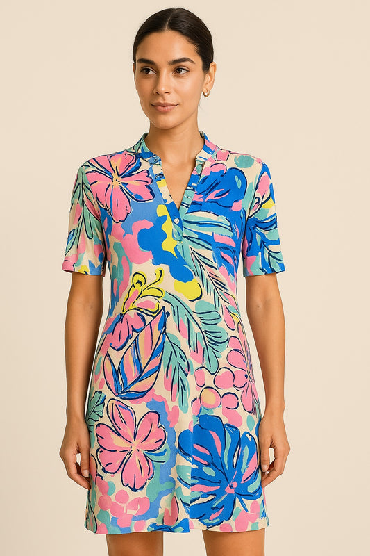Angelle Milan – travelstof jurk – Blauw/Roze Jurk – Ademend – Kreukvrij – Duurzame Jurk - Mapsy B.V