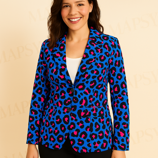 Angelle Milan - Blauw-fuchsia print travelstof blazer voor Dames - Travelstof - Comfort - Strijkvrij - Duurzaam - In 5 maten! - Mapsy B.V