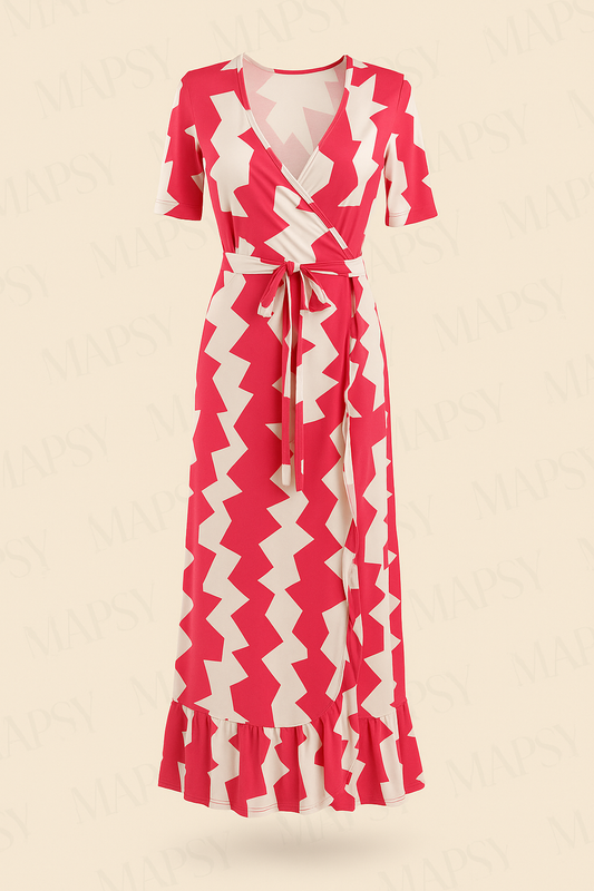 Angelle Milan - Lange travelstof jurk Roze met Witte Kartels - Travelstof - Rijk - Duurzaam In 5 maten - Mapsy B.V