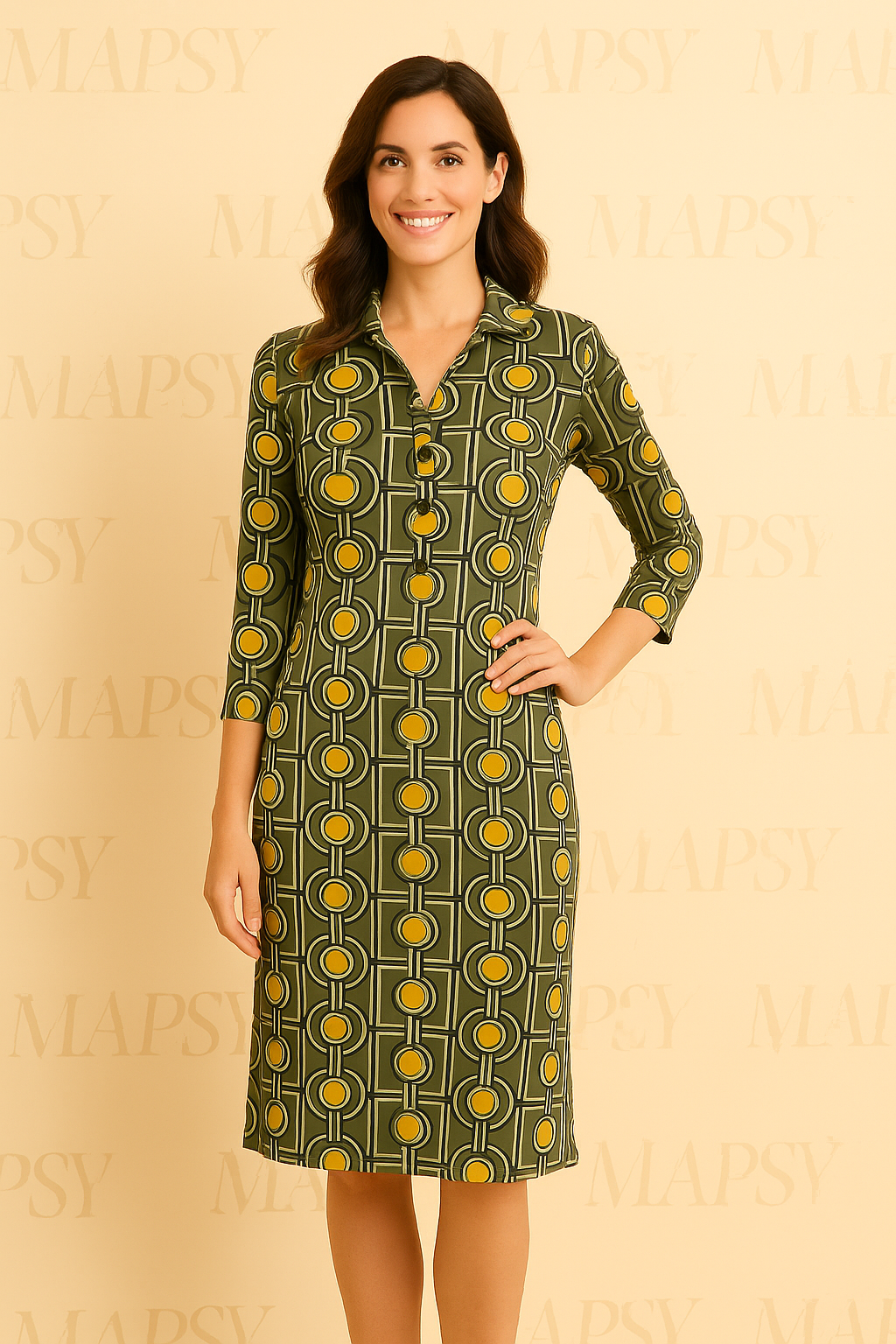 Angelle Milan - travelstof jurk voor dames - Groen/Gele Jurk - Ademend - Kreukherstellend - Duurzame zomerjurk - in 5 maten! - Mapsy B.V