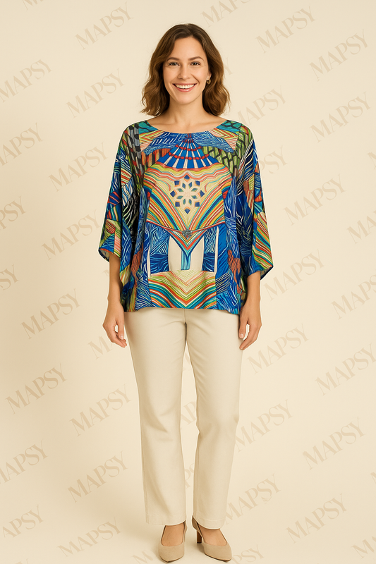 Soggo - Travelstof blouse - Multiprint blauwe blouse - Ademend - Kreukvrij - in 2 maten - Mapsy B.V