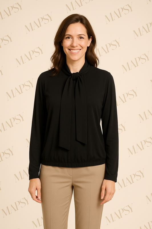 Angelle Milan – travelstof blouse – Zwarte blouse met Koord – Ademend – Kreukvrij - Mapsy B.V