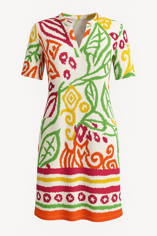 Angelle Milan – Reisestoffkleid – Orange/Gelb/Rosa Kleid – Atmungsaktiv – Knitterfrei – Nachhaltiges Kleid