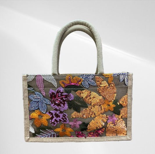Elegante Jutehandtasche mit handgefertigtem Design – natürliche Jute und Pailletten – geräumig und stilvoll für legere und formelle Anlässe – in 5 Varianten!