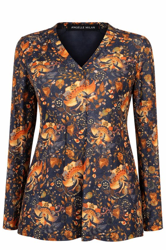Angelle Milan – Bluse aus Reisestoff – Marine-orangefarbene Bluse mit Blumenmuster – Atmungsaktiv – Knitterfrei – Nachhaltige Bluse