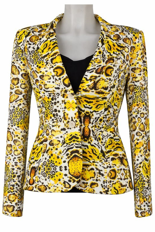 Angelle Milan – Gelber Blazer aus Reisestoff mit Tigermuster für Damen – Reisestoff – Komfort – Bügelfrei – Nachhaltig – In 5 Größen!