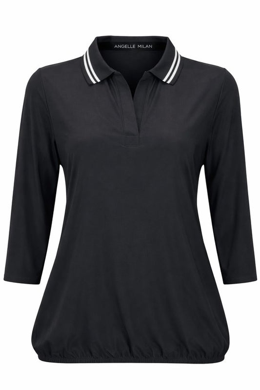 Angelle Milan – Bluse aus Reisestoff – Schwarze sportliche Bluse mit Band – Atmungsaktiv – Knitterfrei – Nachhaltige Bluse