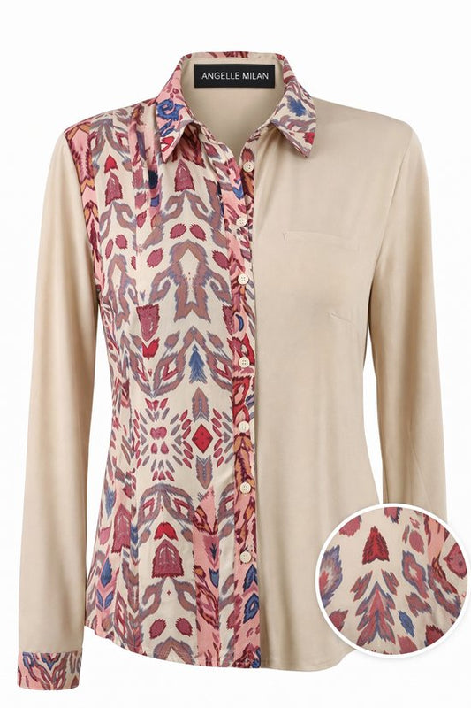 Angelle Milan - Bluse aus Reisestoff in 50/50 Rot/Beige für Damen - Reisestoff - Komfort - Bügelfrei - Nachhaltig - In 5 Größen!