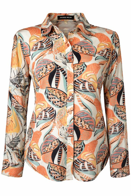 Angelle Milan – Bluse aus Reisestoff – Orange Bluse mit Dschungel-Print für Damen – Reisestoff – Bügelfrei – Stretch – Nachhaltig – in 5 Größen!