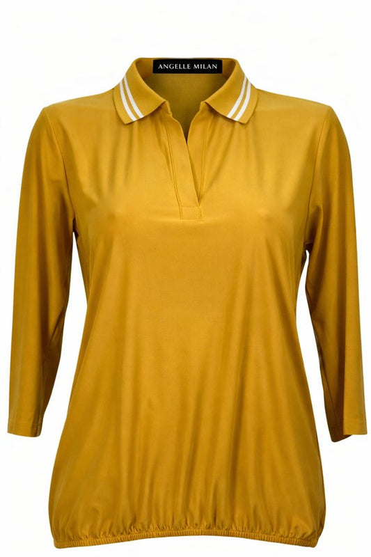 Angelle Milan – Bluse aus Reisestoff – Gelbe sportliche Bluse mit Band – Atmungsaktiv – Knitterfrei – Nachhaltige Bluse