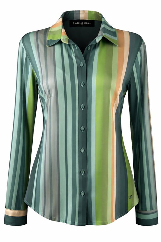 Angelle Milan – Bluse aus Reisestoff – Gestreifte, mehrfarbige Bluse für Damen – Reisestoff – Atmungsaktiv – Knitterfrei – Nachhaltig – in 5 Größen!