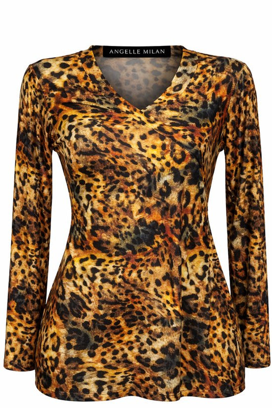 Angelle Milan – Bluse aus Reisestoff – Mehrfarbige Pantherbluse – Atmungsaktiv – Knitterfrei – Nachhaltige Bluse