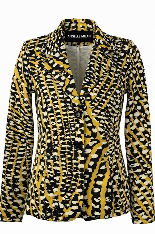 Angelle Milan – Gelb-Schwarz-Weiß-Print-Reisestoff-Blazer für Damen – Reisestoff – Komfort – Bügelfrei – Nachhaltig – In 5 Größen!